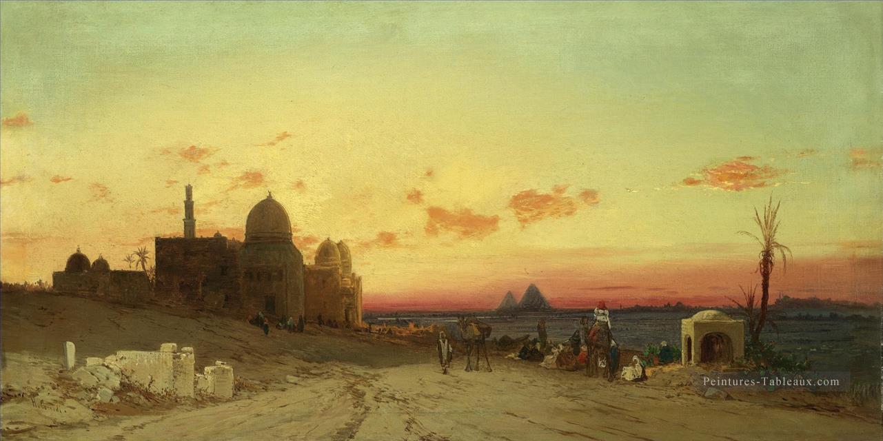 Une vue de la tombe des califes avec les pyramides de Gizeh au delà du Caire Hermann David Salomon Corrodi paysage orientaliste Peintures à l'huile